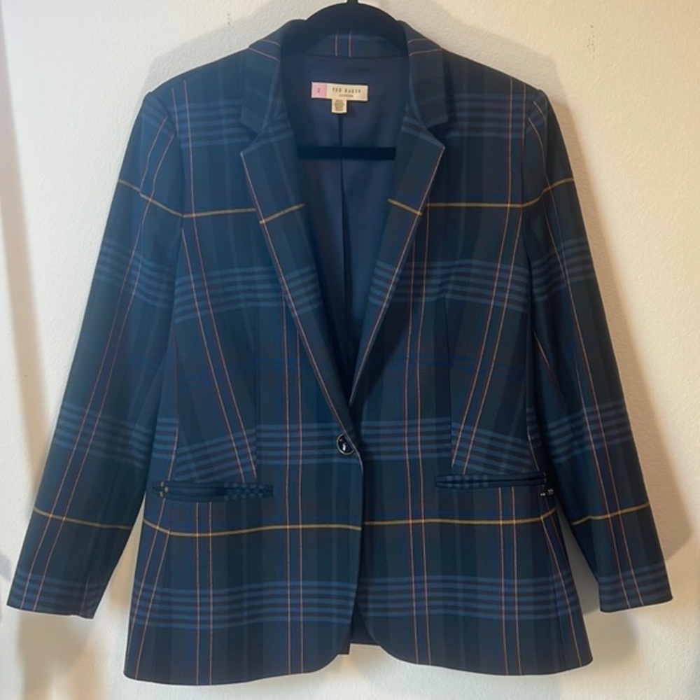 Ted Baker London Stretch Collared Long Sleeve One Button Blazer Plaid Navy 6